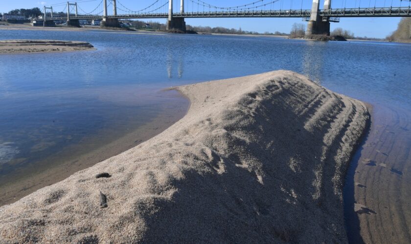 This picture taken on February 26, 2023, shows the sand banks in the Loire River, in Montjean-sur-Loire, near Angers, western France. (Photo by JEAN-FRANCOIS MONIER / AFP)