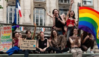 People are gathering during the Pride March in Paris, France, on June 29, 2024. On the eve of the first round of legislative elections, the organizers of the march are wanting to highlight the increase in transphobic acts and statements in public debate (Photo by Jerome Gilles/NurPhoto). (Photo by Jerome Gilles / NurPhoto / NurPhoto via AFP)