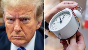 Former President Donald Trump sits in Manhattan Criminal Court in New York on Monday, May 13, 2024. (Mark Peterson/New York Magazine via AP, Pool). (RIght) clock pic iStock