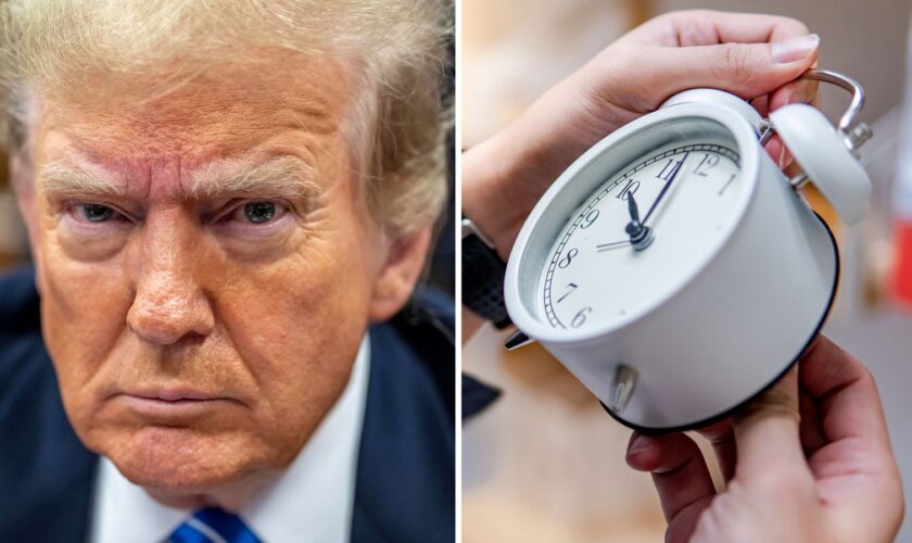 Former President Donald Trump sits in Manhattan Criminal Court in New York on Monday, May 13, 2024. (Mark Peterson/New York Magazine via AP, Pool). (RIght) clock pic iStock