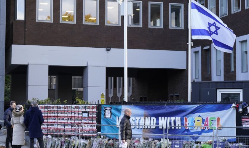 Israel's embassy in Dublin, pictured on 7 November 2023 with floral tributes following the Hamas attack a month prior. Pic: PA