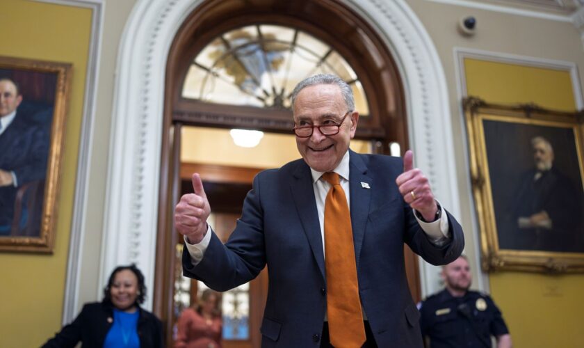 Senate Majority Leader Chuck Schumer, D-N.Y., celebrates as the Senate begins voting on the government funding bill just in time to meet the midnight deadline, at the Capitol in Washington, Friday, Dec. 20, 2024. (AP Photo/J. Scott Applewhite)