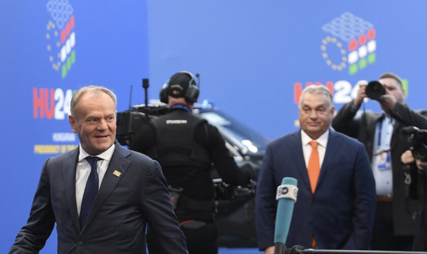 Le Premier ministre polonais Donald Tusk arrive sous les yeux du Premier ministre hongrois Viktor Orban (R) pour participer à la réunion informelle des chefs d'État ou de gouvernement de l'Union européenne à Budapest, le 8 novembre 2024. (Photo Ferenc ISZA / AFP)