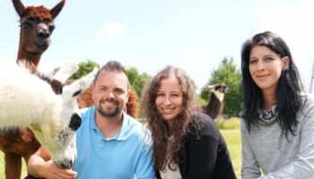 Gruppenbild mit Alpakas: Marvin mit Eva (M.) und Sabrina.