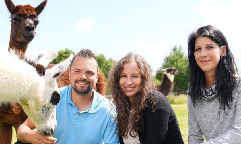 Gruppenbild mit Alpakas: Marvin mit Eva (M.) und Sabrina.