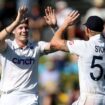 England bowler Matthew Potts (left) celebrates taking a wicket with captain Ben Stokes (right)