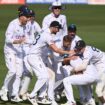 England players celebrate a wicket against India during first Test in Hyderabad in 2024