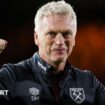 David Moyes and then-captain of West Ham Declan Rice celebrate winning the Europa Conference League with thousands of Hammers fans in London