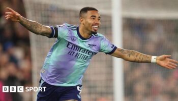 Gabriel Jesus celebrates scoring for Arsenal against Crystal Palace in the Premier League