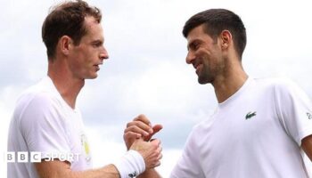 Andy Murray and Novak Djokovic practice before Wimbledon in 2023