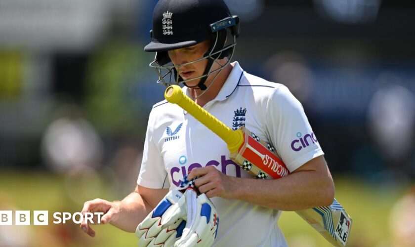 England batter Harry Brook looks dejected as he walks off after being dismissed