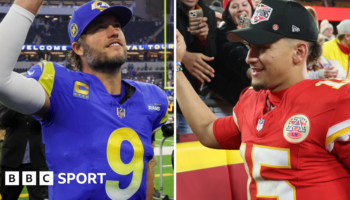 Matthew Stafford of the Los Angeles Rams and Patrick Mahomes of the Kansas City Chiefs celebrate with the fans