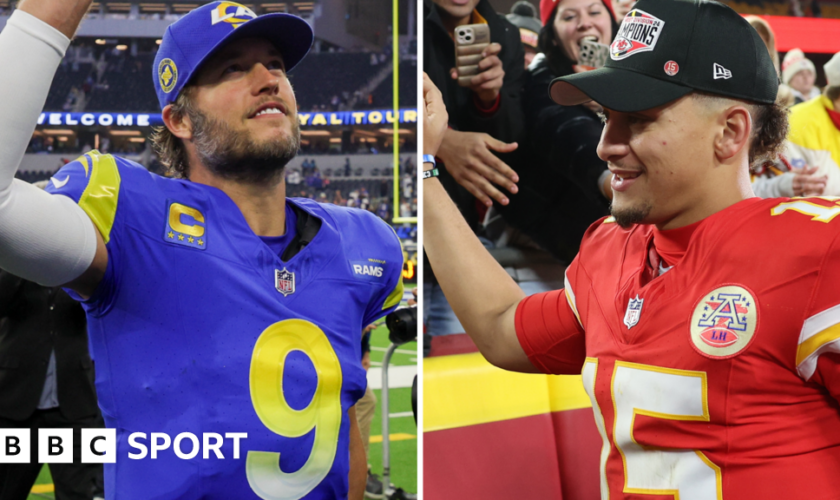 Matthew Stafford of the Los Angeles Rams and Patrick Mahomes of the Kansas City Chiefs celebrate with the fans