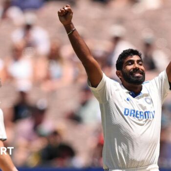 Jasprit Bumrah celebrates taking a wicket