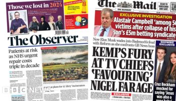 The Papers: NHS 'repair costs triple' and Badenoch 'fury' at Farage's TV time