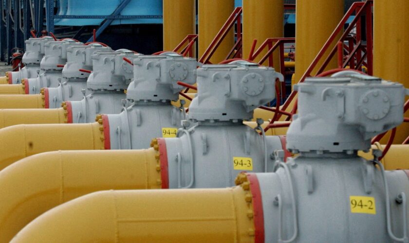 FILE PHOTO: A gas worker walks between pipes in a compressor and distribution station of the Urengoy-Pomary-Uzhgorod gas pipeline, some 30 km (19 miles) from the south western Russian city of Kursk January 4, 2006. REUTERS/Sergei Karpukhin//File Photo