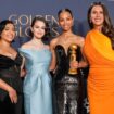 Adriana Paz, from left, Selena Gomez, Zoe Saldana, winner of the award for best performance by a female actor in a supporting role in any motion picture for "Emilia Perez," and Karla Sofia Gascon pose in the press room during the 82nd Golden Globes on Sunday, Jan. 5, 2025, at the Beverly Hilton in Beverly Hills, Calif. (AP Photo/Chris Pizzello)