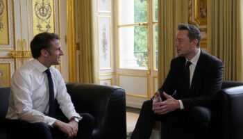 Le président français Emmanuel Macron s'entretient au palais de l'Elysée à Paris avec le patron américain de SpaceX, Twitter et Tesla Elon Musk, le 15 mai 2023