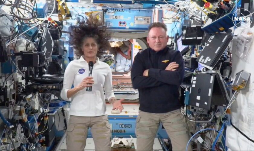 This image made from a NASA live stream shows NASA astronauts Suni Williams and Butch Wilmore during a press conference from the International Space Station on Friday, Sept. 13, 2024. (NASA via AP)