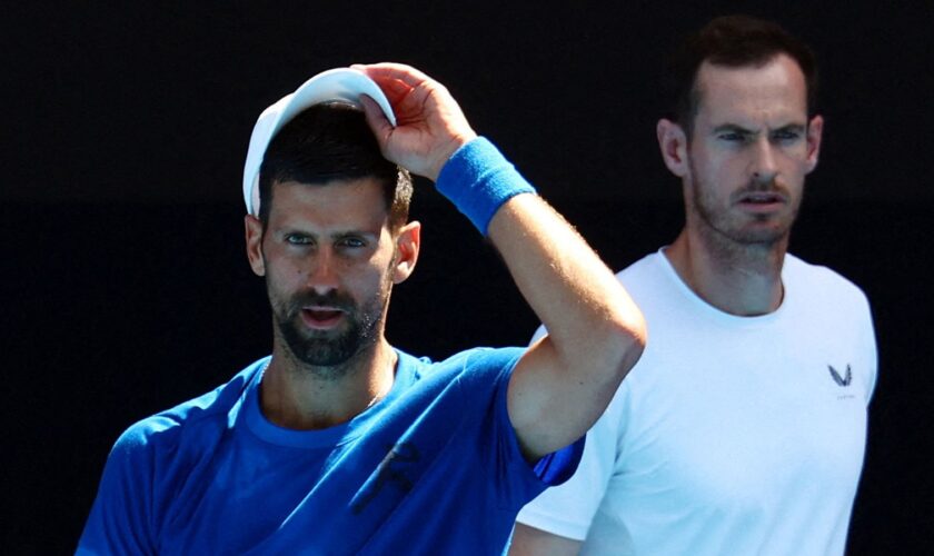 Novak Djokovic training with coach Andy Murray in Melbourne Park on Thursday. Pic: Reuters