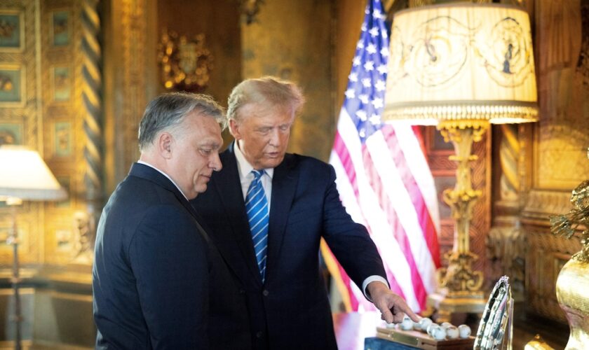 This handout photograph taken and released on March 8, 2024, by the Press Office of the Hungarian Prime Minister, shows Hungarian Prime Minister Viktor Orban (L) and former US President and Republican presidential candidate, Donald Trump during their meeting at Trump's Mar-a-Lago residence in Palm Beach, Florida. (Photo by ZOLTAN FISCHER / HUNGARIAN PRIME MINISTER'S OFFICE / AFP) / RESTRICTED TO EDITORIAL USE - MANDATORY CREDIT "AFP PHOTO / PRESS OFFICE OF THE HUNGARIAN PRIME MINISTER" - NO MARKETING NO ADVERTISING CAMPAIGNS - DISTRIBUTED AS A SERVICE TO CLIENTS