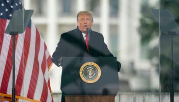 FILE - President Donald Trump speaks during a rally protesting the electoral college certification of Joe Biden as President in Washington, Jan. 6, 2021. Liberal groups are trying to end Donald Trump's attempt to return to the White House by arguing that he is no longer eligible to be president after trying to overturn the 2020 election results. (AP Photo/Evan Vucci, File)