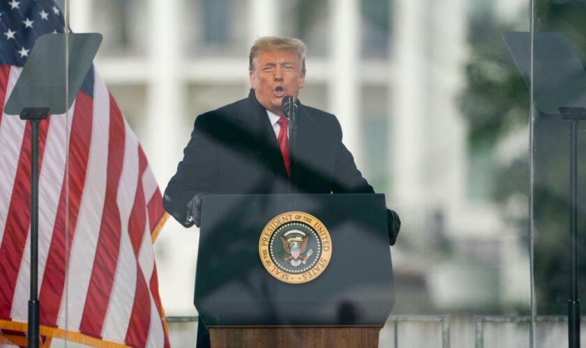 FILE - President Donald Trump speaks during a rally protesting the electoral college certification of Joe Biden as President in Washington, Jan. 6, 2021. Liberal groups are trying to end Donald Trump's attempt to return to the White House by arguing that he is no longer eligible to be president after trying to overturn the 2020 election results. (AP Photo/Evan Vucci, File)