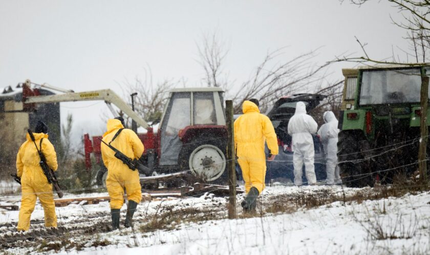 Staff in PPE with rifles at a farm in Hoppegarten, east of Berlin. Pic: AP