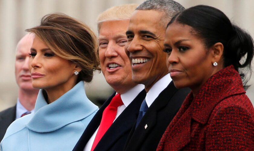 U.S. President Donald Trump and first lady Melania Trump see off former U.S. President Barack Obama and his wife Michelle Obama as they depart following Trump's inauguration at the Capitol in Washington, U.S. January 20, 2017. REUTERS/Jonathan Ernst