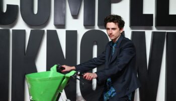 Timothée Chalamet enters London premiere of A Complete Unknown on a Lime bike