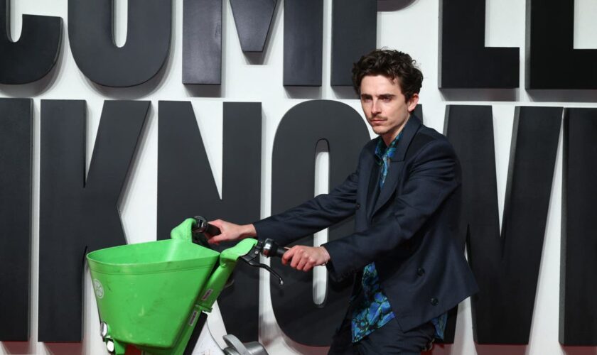 Timothée Chalamet enters London premiere of A Complete Unknown on a Lime bike