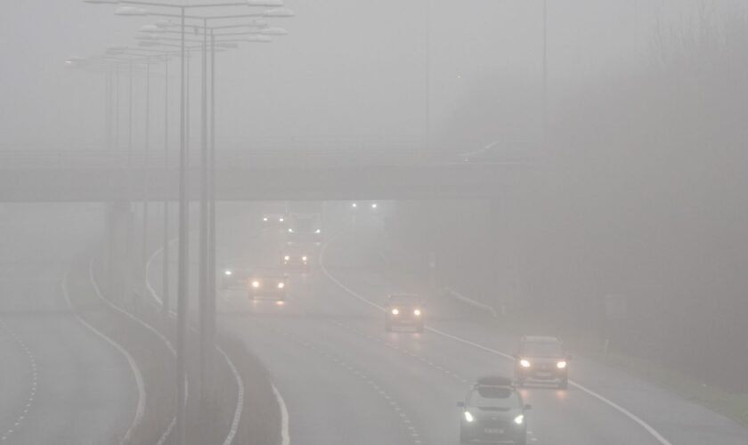 Cars driving in foggy conditions on the M20 near Folkestone in Kent. Picture date: Sunday December 29, 2024. Gareth Fuller/PA Wire