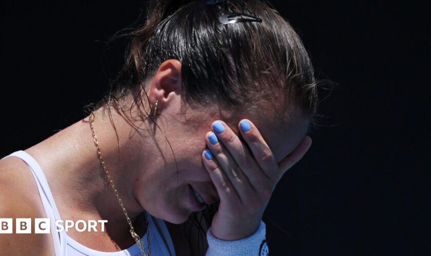 An emotional Jodie Burrage covers her face after beating Leolia Jeanjean in the Australian Open first round