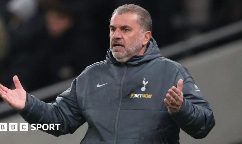 Tottenham boss Ange Postecoglou holds his hands out in exasperation