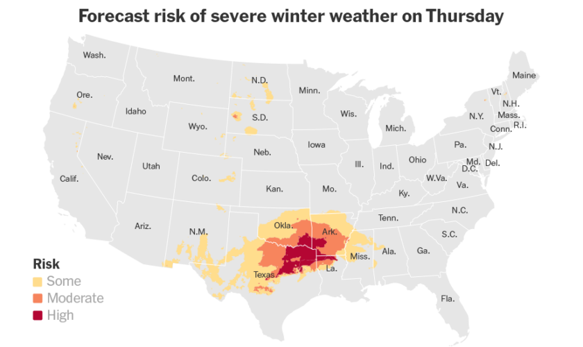 Heavy Snow and Ice Is Forecast for Southern U.S. on Thursday and Friday