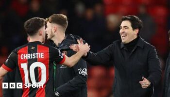 Bournemouth manager Andoni Iraola celebrates their latest victory