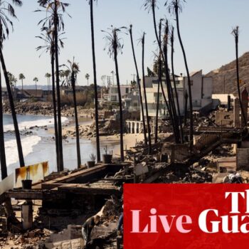 LA fires live: risk of ‘rapid fire spread’ as near hurricane-force winds forecast in some areas