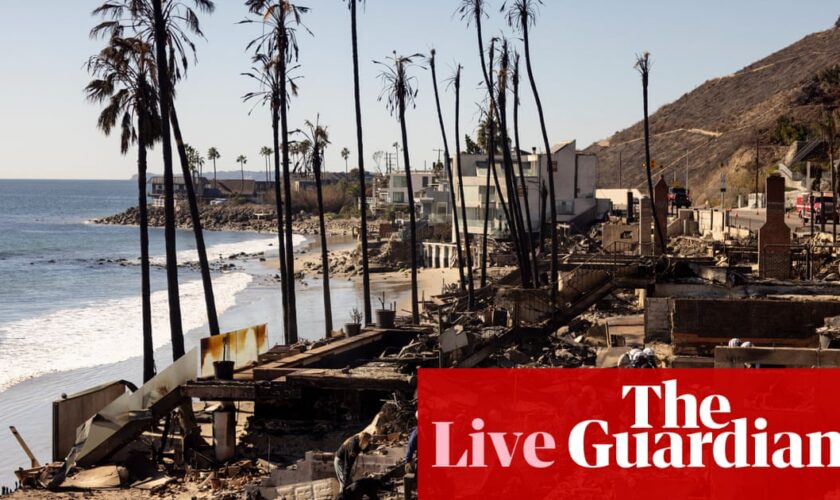 LA fires live: risk of ‘rapid fire spread’ as near hurricane-force winds forecast in some areas