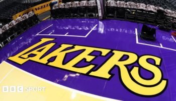 Lakers written on the floor