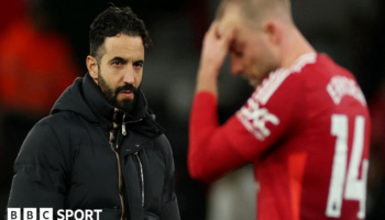 Manchester United boss Ruben Amorim and player Christian Eriksen react after the home defeat to Newcastle United