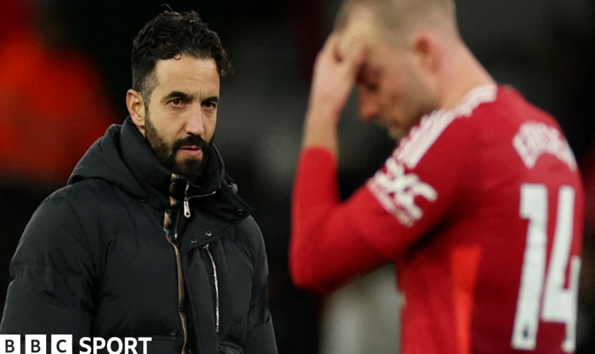 Manchester United boss Ruben Amorim and player Christian Eriksen react after the home defeat to Newcastle United