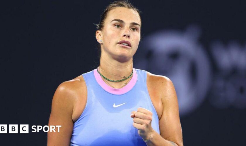 Aryna Sabalenka of Belarus celebrates a point in her quarter-final match against Marie Bouzkova of the Czech Republic at the Brisbane International.